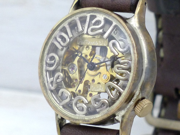 自動巻きBrass32mm手縫いベルト BAM032 フローティングインデックス 手作り腕時計 [BAM032] 1枚目の画像