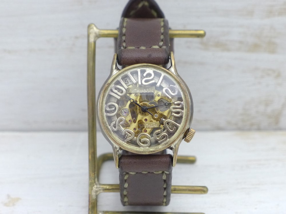 自動巻きBrass32mm手縫いベルト BAM032 フローティングインデックス 手作り腕時計 [BAM032] 4枚目の画像