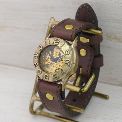 BHW014 ミシンステッチベルト 手巻きBrass 32mm 手作り腕時計 [BHW014