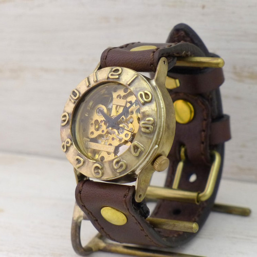 BHW058B2 ミシンステッチ手巻きBrass 36mm 立体数字ベゼル 手作り
