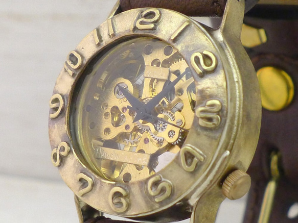 BHW058B2 ミシンステッチ手巻きBrass 36mm 立体数字ベゼル 手作り腕時計 [BHW058B2] 2枚目の画像