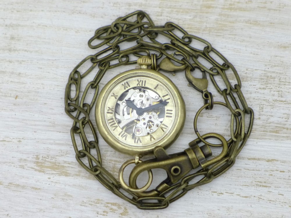 BHW124 手巻き懐中時計 ローマ数字 33mm真鍮甲丸ケース 手作り腕時計