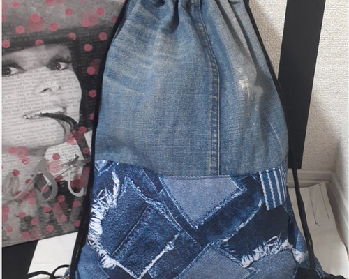 オルテガ柄のデニムとパイナップルの内布ポーチ