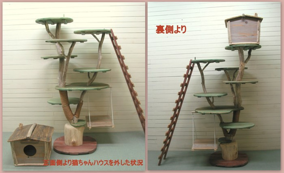 「送料無料」オリジナル大型流木キャットタワー（駆上りハシゴ付きツリーハウスタイプ）［pk41］ ペット用品 猫グッズ 6枚目の画像