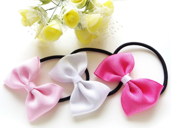 リボン大好き♪ 白ピンク3色セット ヘアゴム その他ヘアアクセサリー
