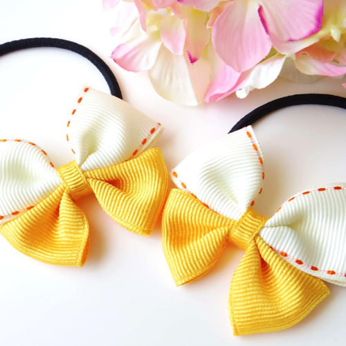 リボン大好き♪ イエロー＆ホワイト ヘアゴム 2個セット その他ヘア