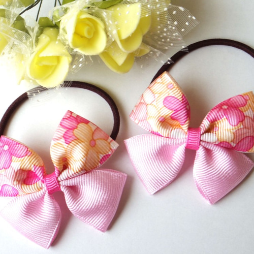 リボン ヘアゴム♡カノンリボン～long～♡花柄ピンク♡ハンドメイド