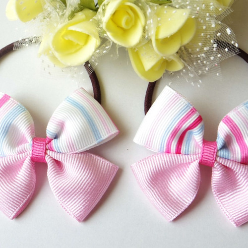 リボンヘアゴム 2個セット カラフルストライプ その他ヘアアクセサリー  
