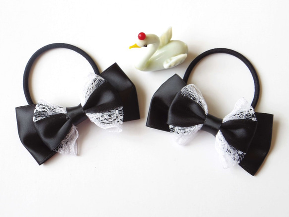 リボンヘアゴム 2個セット 黒サテンレース No.9153 その他ヘア