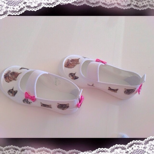 ☆猫ちゃん柄デコパージュシューズ！入園入学上履きに！ 靴 orange