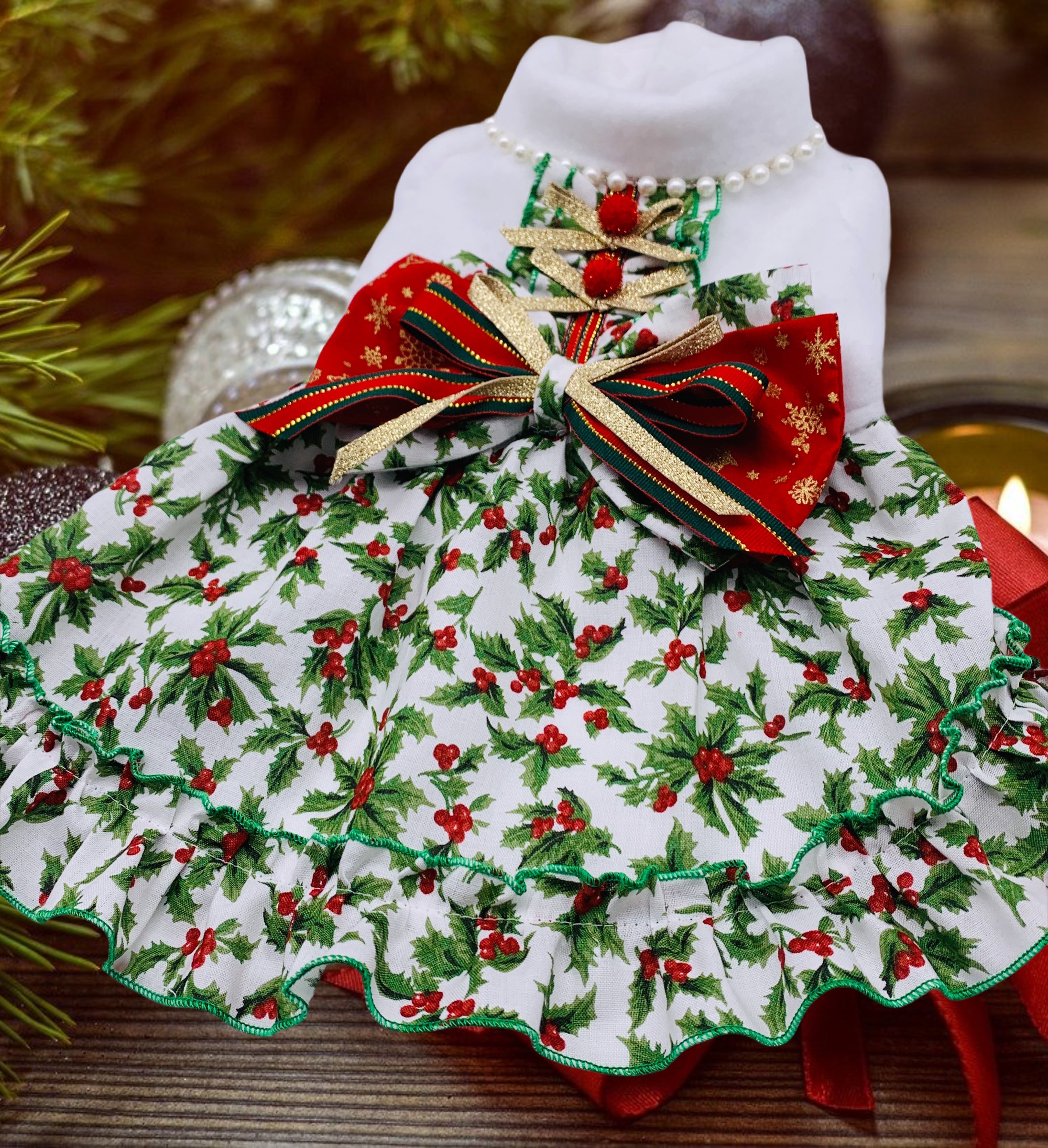 犬服／猫服　クリスマス白柊ワンピース [OP856]