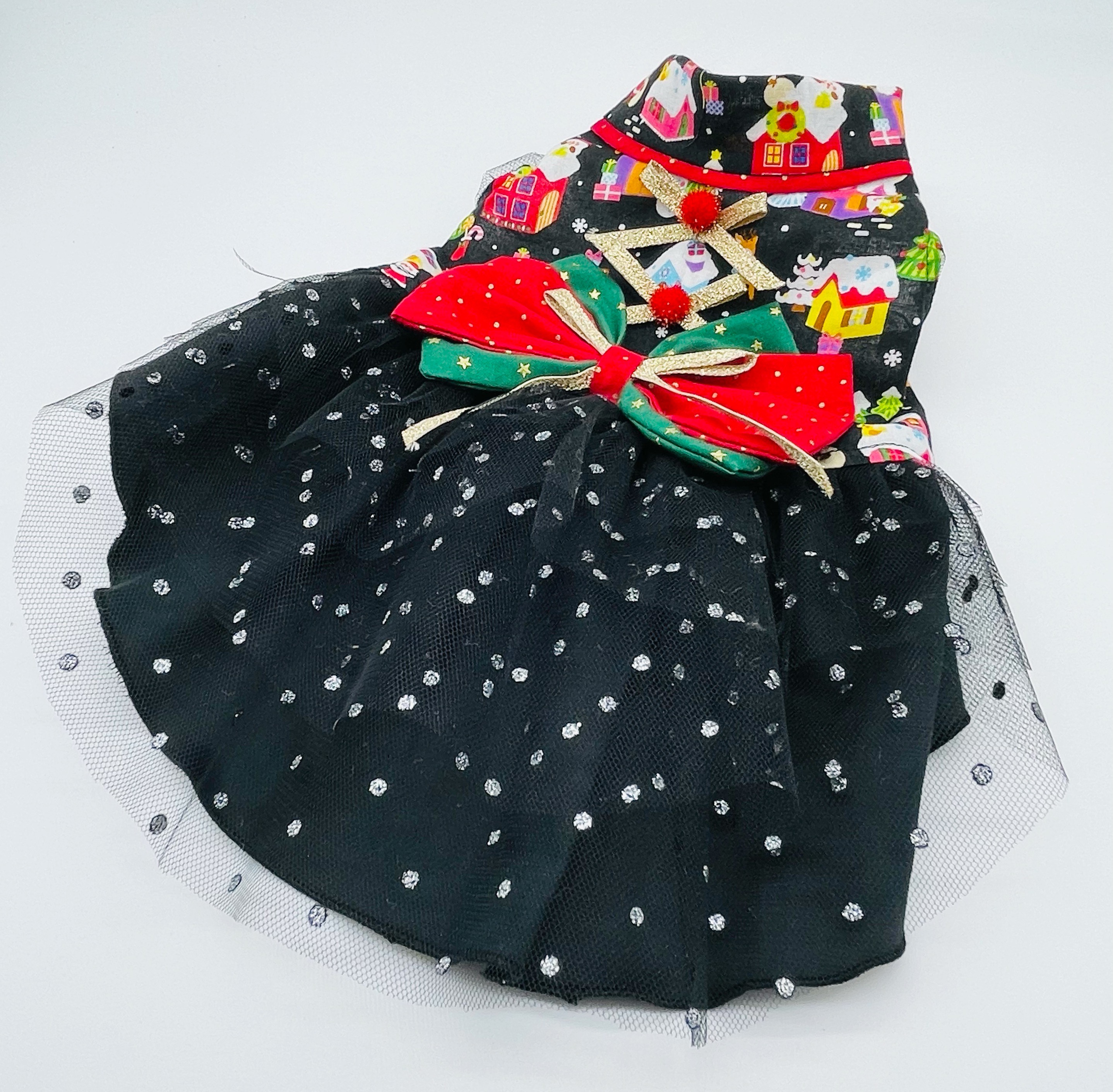 犬服／猫服　クリスマス ブラック柄＆チュールレースワンピース [OP875]