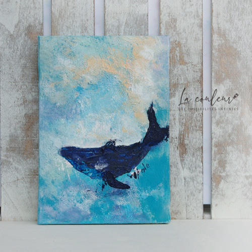 抽象画 クジラのキャンバスアート 約20cm x 25cm