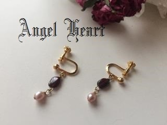 Angel　Heart～ガーネットとピンクパールのイヤリング 1枚目の画像