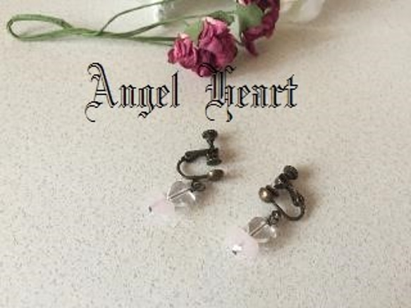 Angel　Heart～　天然石　ハート　ローズクォーツ　水晶　のイヤリング 1枚目の画像