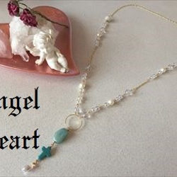 ～Angel　Heart～オリジナルネックレス　クロスターコイズ・アマゾナイト・コットンパール＆水晶　ゴールド 1枚目の画像