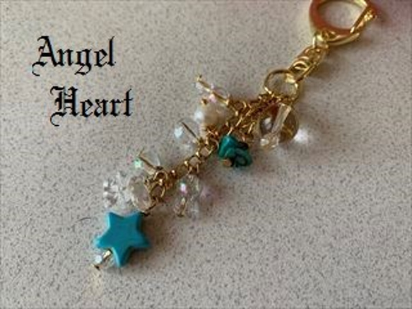 ～Angel　Heart～星ターコイズ＆水晶など　キラキラジャラジャラのキーホルダー　ゴールド 2枚目の画像