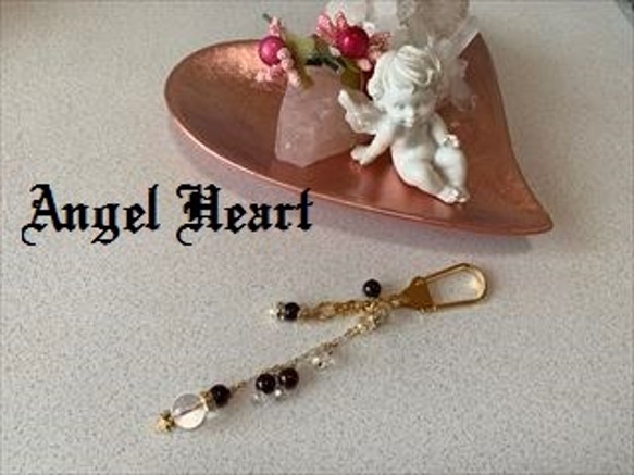 ～Angel　Heart～ガーネット・アクアオーラ＆水晶など　キラキラのキーホルダー　ゴールド 1枚目の画像