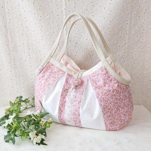 【本物新品保証】 ふんわりグラニーバッグ ピンクとホワイトの小花柄 ＊ ハンドバッグ
