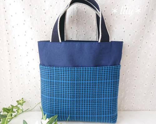 ブルー 千鳥格子柄＊ トートバッグ Sサイズ トートバッグ ＊lily