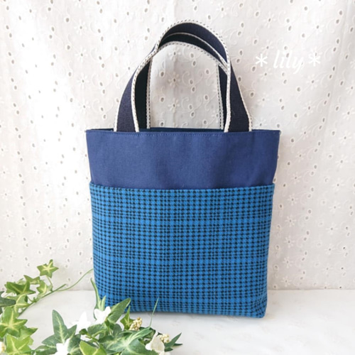 ブルー 千鳥格子柄＊ トートバッグ Sサイズ トートバッグ ＊lily