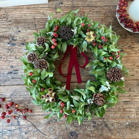 20.クリスマスリース No.xmas-14376☆クリスマスリース 20-(7)トナカイ＆ポインセチア 42cm