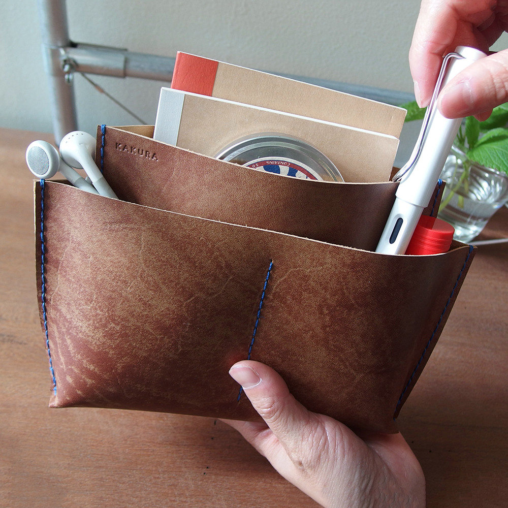 バッグインバッグ【5レザーポケット S  "糸ふで" 】ブラウン ブラック  KAKURA 牛革 手縫い 名入れ刻印可