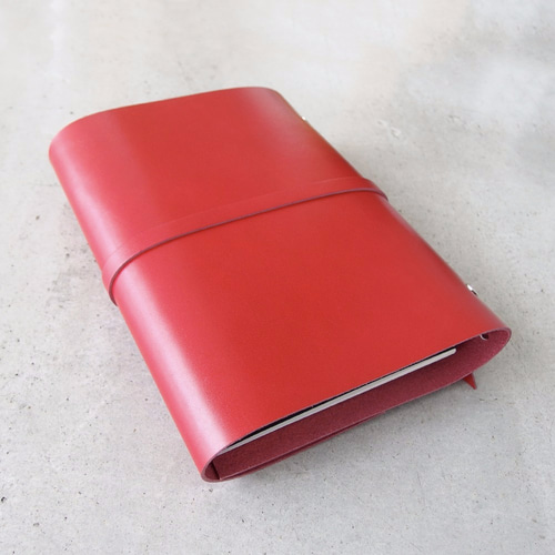 紐巻きA5システム手帳 】レッド 黒糸 KAKURA 牛革 バインダー 名