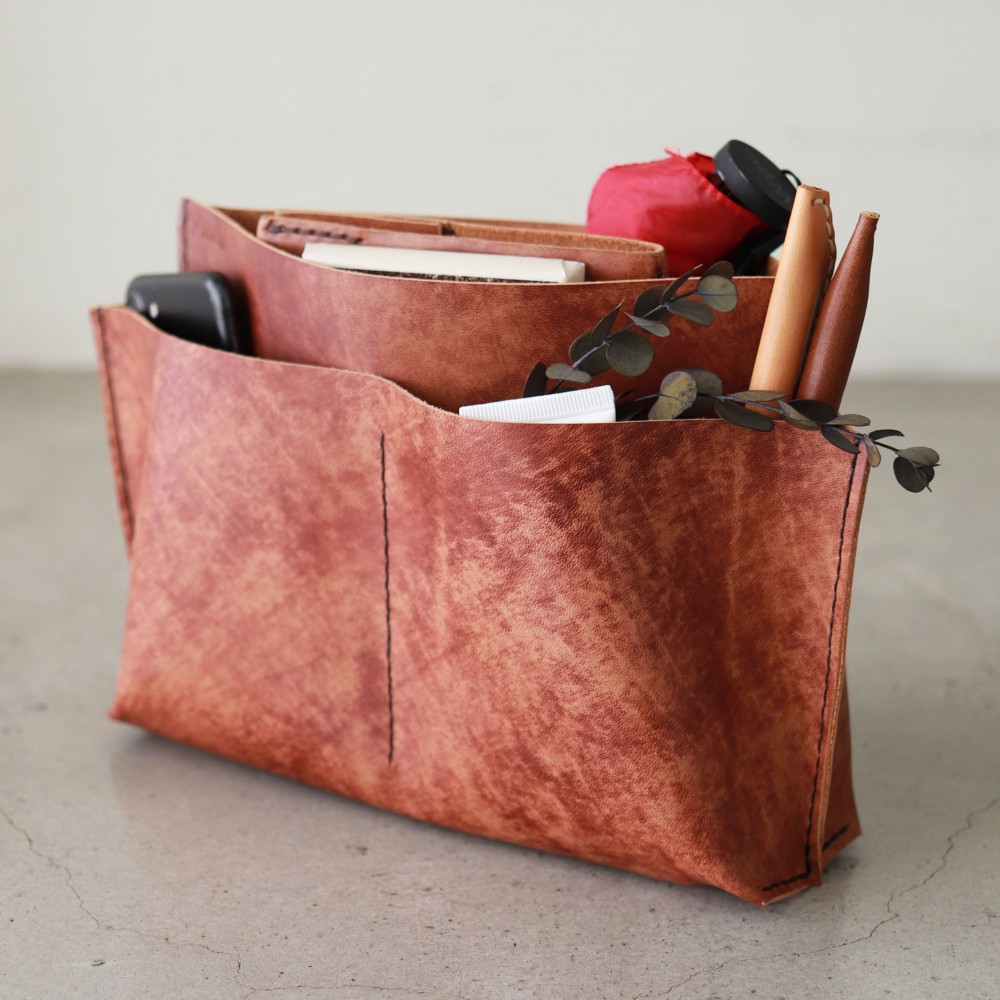 送料無料 バッグインバッグ【 5レザーポケット wide L 】アンティークブラウン 牛革 KAKURA　名入れ刻印可