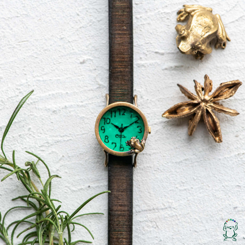 池をのぞく蛙腕時計Sエメラルドグリーン 腕時計 カエルの時計屋さん