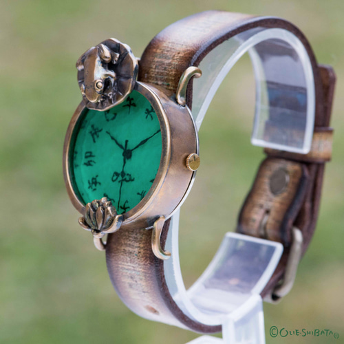 蓮、きれいね腕時計廉Mエメラルドグリーン 江戸文字 腕時計 カエルの