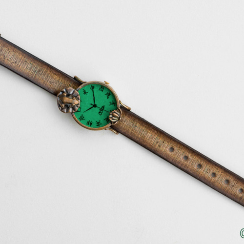 蓮、きれいね腕時計廉Mエメラルドグリーン 江戸文字 腕時計 カエルの