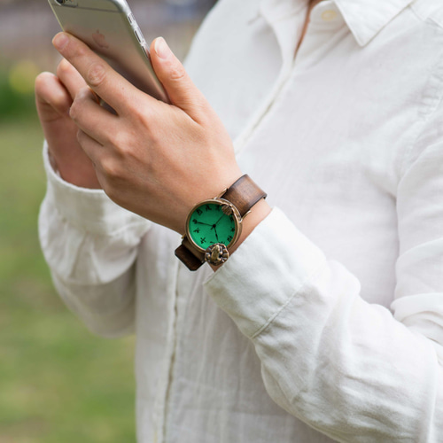 蓮、きれいね腕時計廉Mエメラルドグリーン 江戸文字 腕時計 カエルの