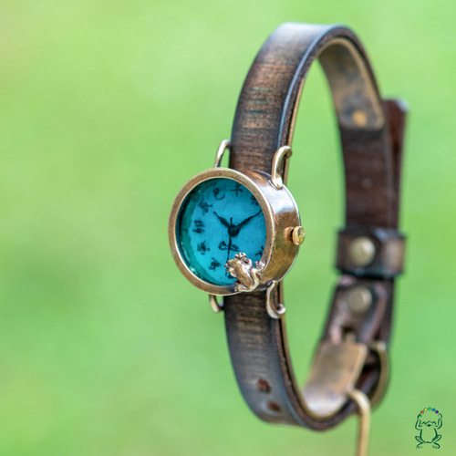 池をのぞく蛙腕時計S渋青緑 江戸文字 腕時計 カエルの時計屋さん（OLIE