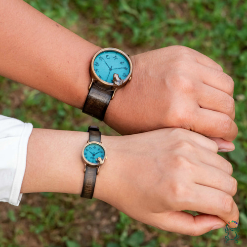 池をのぞく蛙腕時計S渋青緑 江戸文字 腕時計 カエルの時計屋さん（OLIE