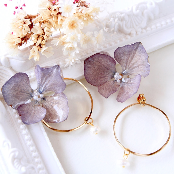 ❁アンティークカラー紫陽花と淡水パールの耳飾り﻿ピアス❁﻿ 1枚目の画像