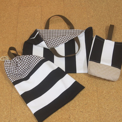 【再販２】レッスンバッグ（黒ボーダー×茶チェック）/Lesson bag/School bag 【通園・通学】【男の子】 4枚目の画像