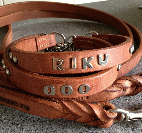 中〜大型犬 レザー ハーフチョーク 名前入り ヌメ革 リード・首輪 あゆ