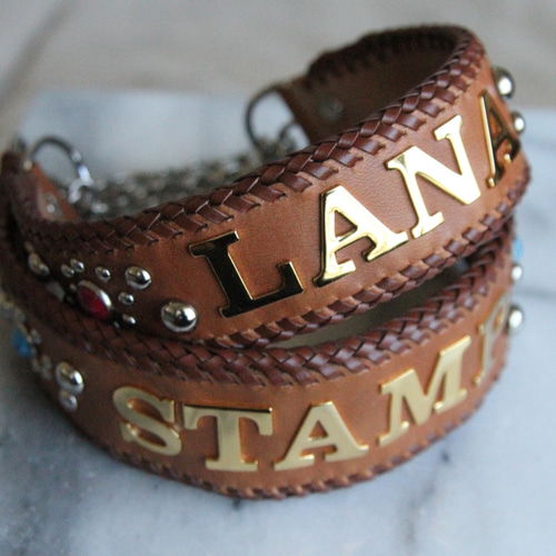 名入り レザー ハーフチョーク 首輪 ダブルステッチかがり リード