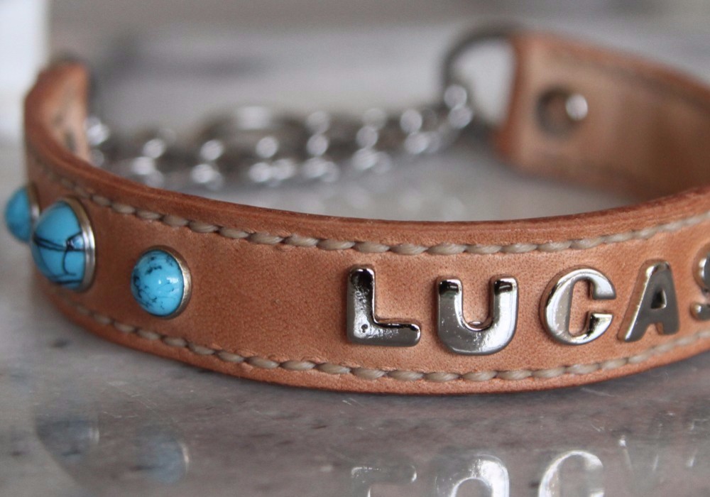 ターコイズ レザー 首輪 ハーフチョーク 名前入り