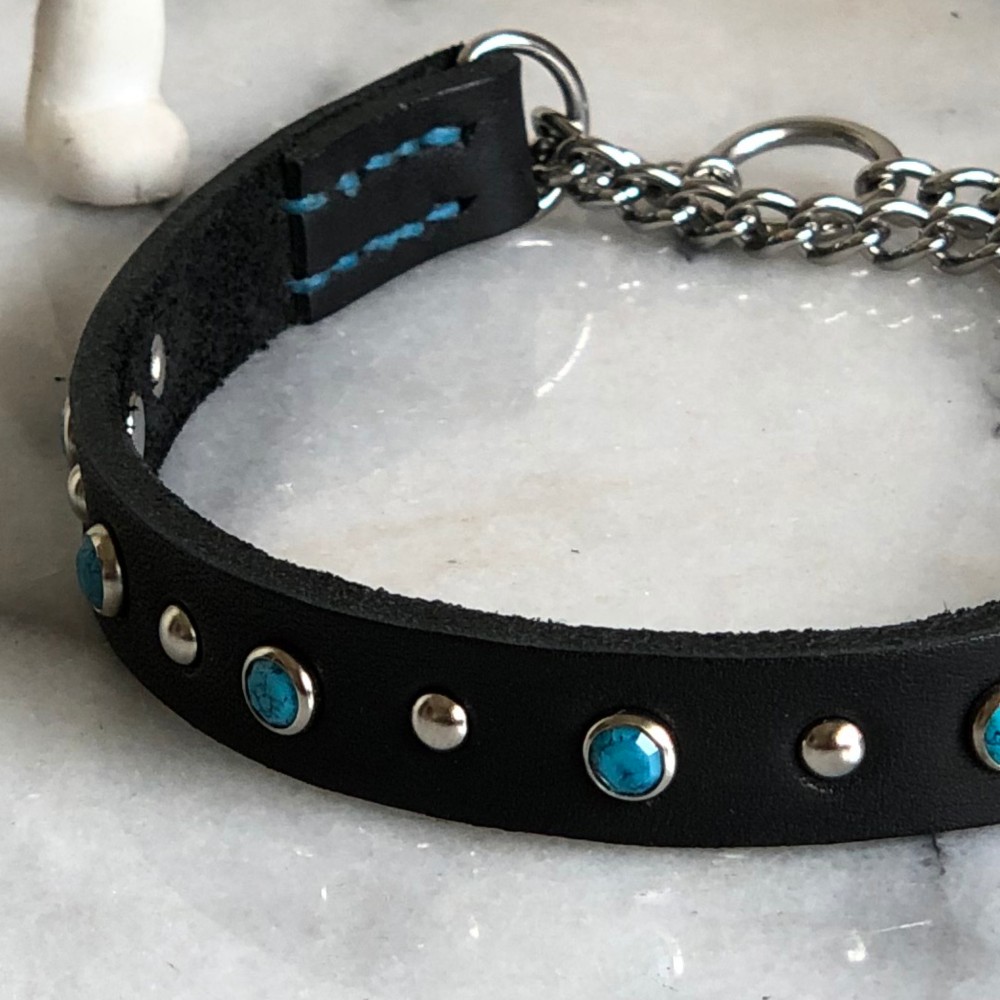 黒ヌメ&ターコイズ シンプル レザー 首輪 ハーフチョーク