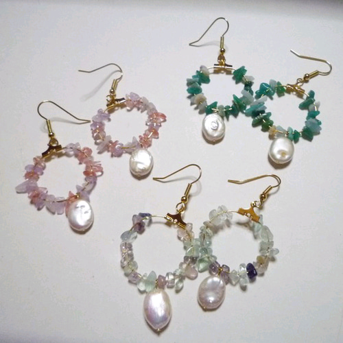天然石×淡水パールフープピアス(イヤリング) ピアス（フープ 