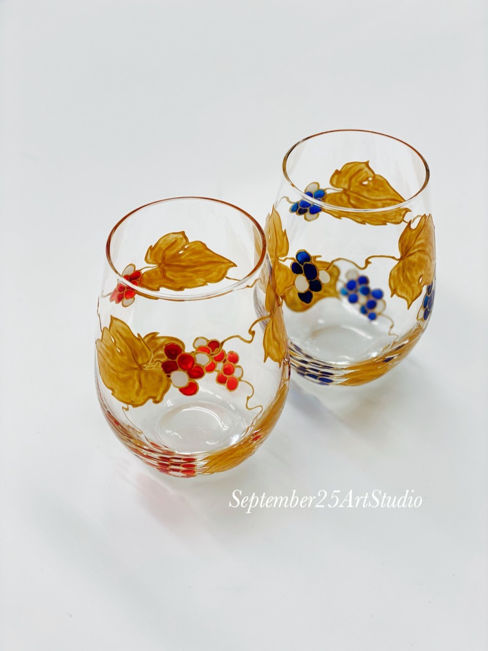 Creema限定【結婚式両親贈呈品ギフト】金青＆赤葡萄ペアフリーグラス/誕生日プレゼント・結婚祝い・退職祝い・還暦祝い