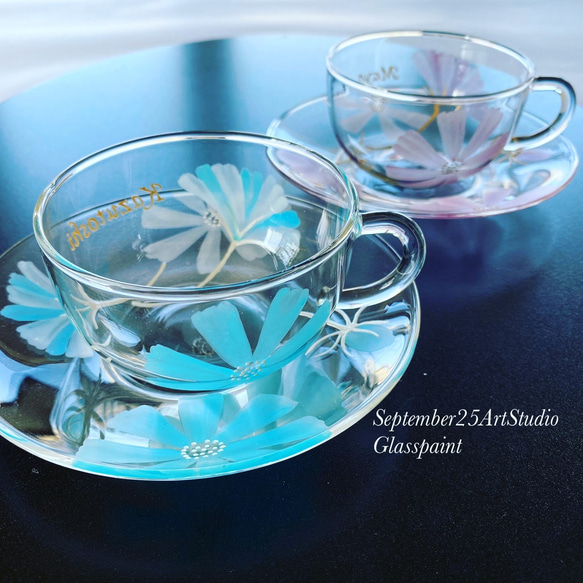 開花杯【天藍色波斯菊】耐熱玻璃名“小”咖啡咖啡杯/茶杯|60歲生日慶典/生日 第2張的照片