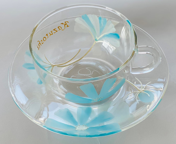 開花杯【天藍色波斯菊】耐熱玻璃名“小”咖啡咖啡杯/茶杯|60歲生日慶典/生日 第1張的照片