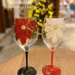 Creema限定【クリスマスプレゼント】大人の楽しむXmasポインセチア  ワイングラス1個｜結婚祝い 1枚目の画像