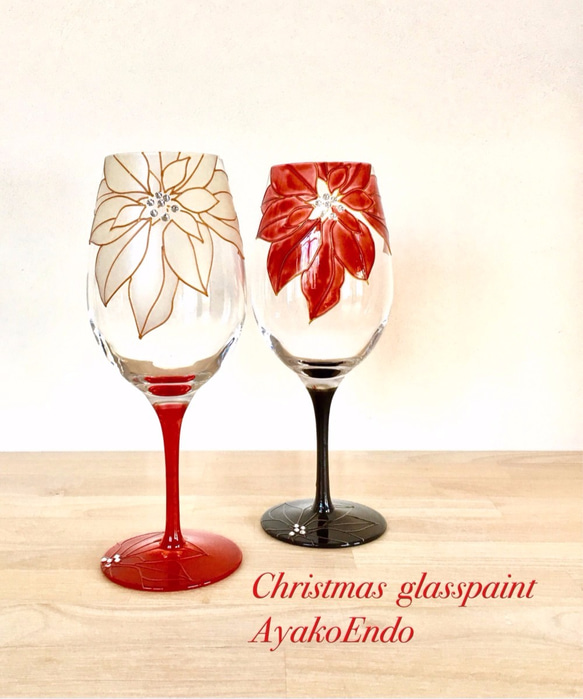 Creema限定【クリスマスプレゼント】大人の楽しむXmasポインセチア  ワイングラス1個｜結婚祝い 4枚目の画像