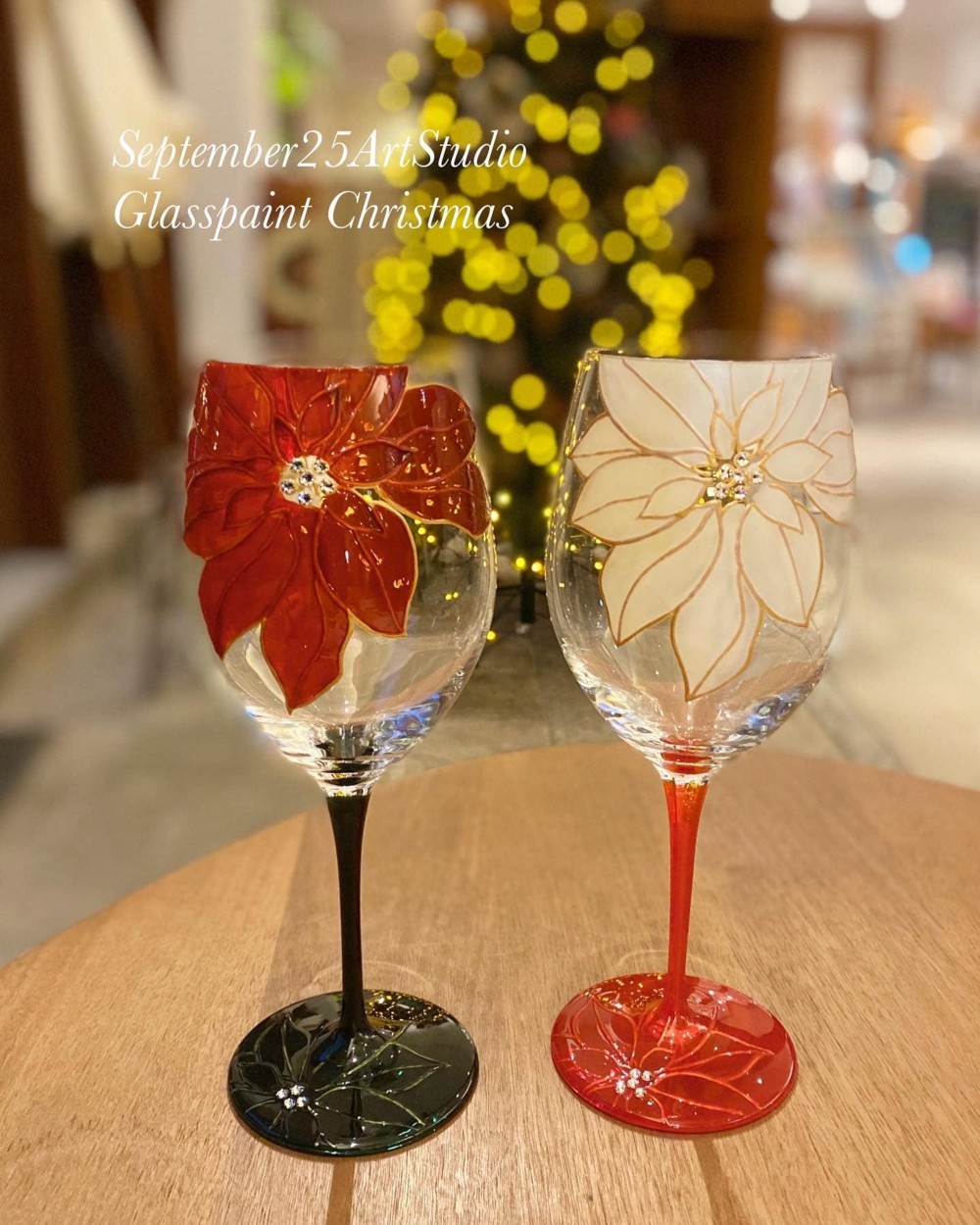 Creema限定【クリスマスギフト】大人の楽しむXmasポインセチア ワイングラス1個