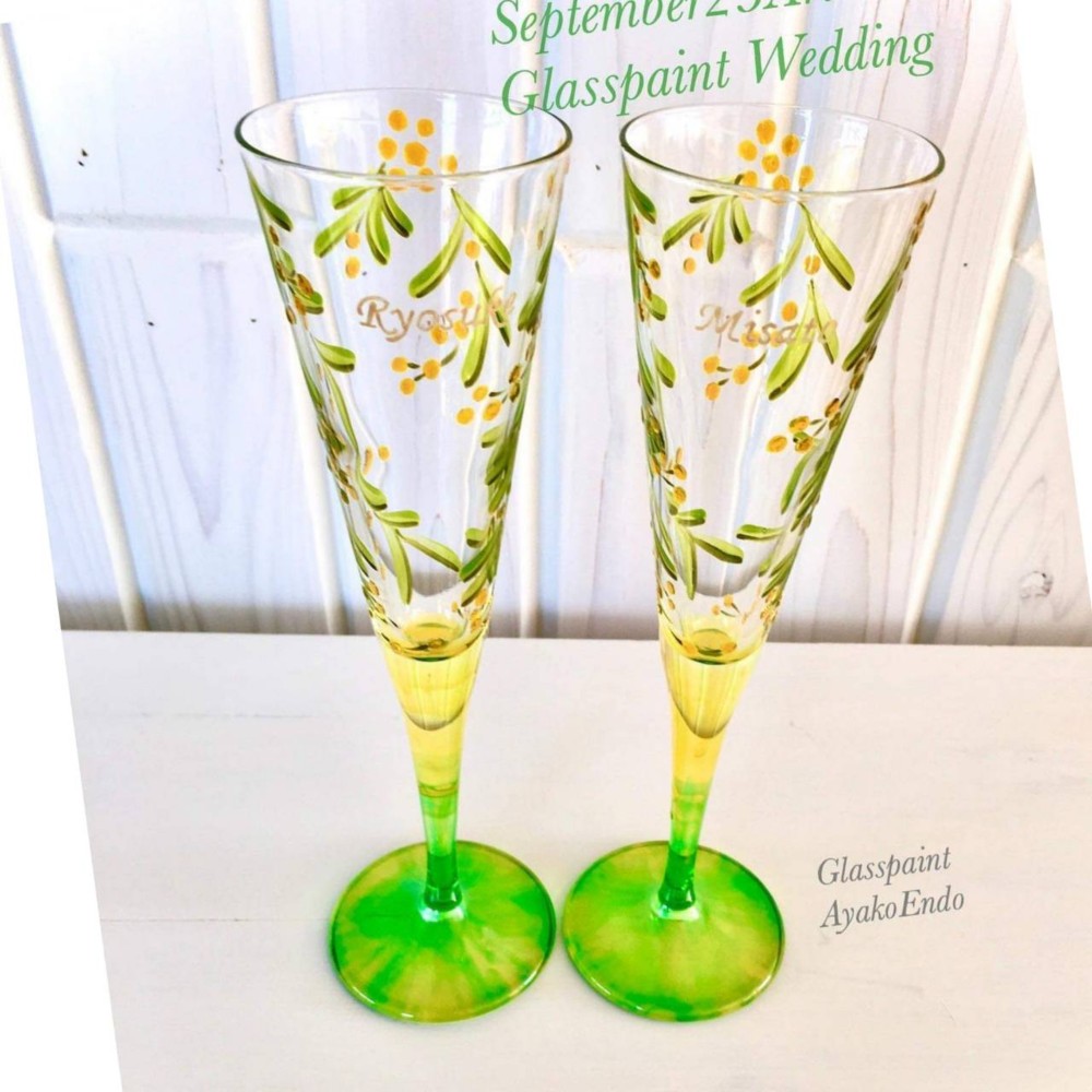 《結婚祝い》Creema限定【ミモザ】シャンパングラス1つ｜結婚式乾杯記念日グラス・お誕生日プレゼント・還暦祝い