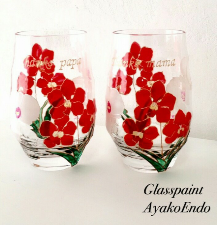 オリジナルデザインオーダー(胡蝶蘭&赤いバンダ)文字名入り焼酎ペアグラス